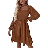 LYANER Women's Square Neck Lantern Long Sleeve Ruffle Shirred Flowy Party Mini Dress