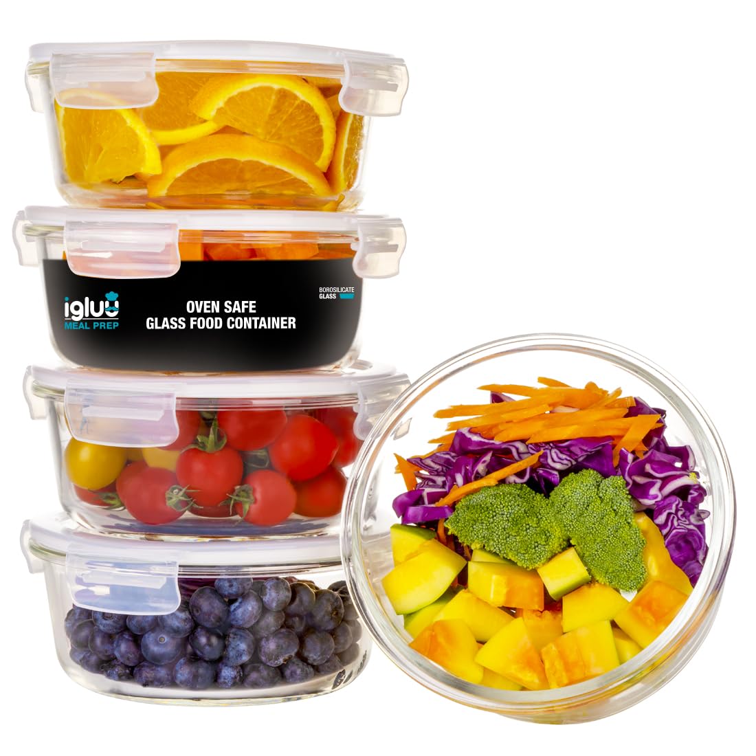 Igluu Meal Prep Boxen Glas, rund (5er-Pack+Ersatzdeckel) – 950ml
