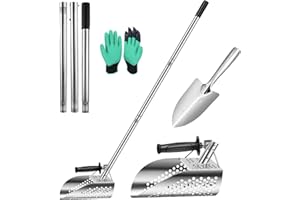 HUIMPET Sand Scoop with Shovel for Metal Detecting, Long Handle Metal Detector Scoop, Beach Sand Scoop, Stainless Steel Sifting Detection Tool Digging Shovel, Sand Shovel & Gloves Included