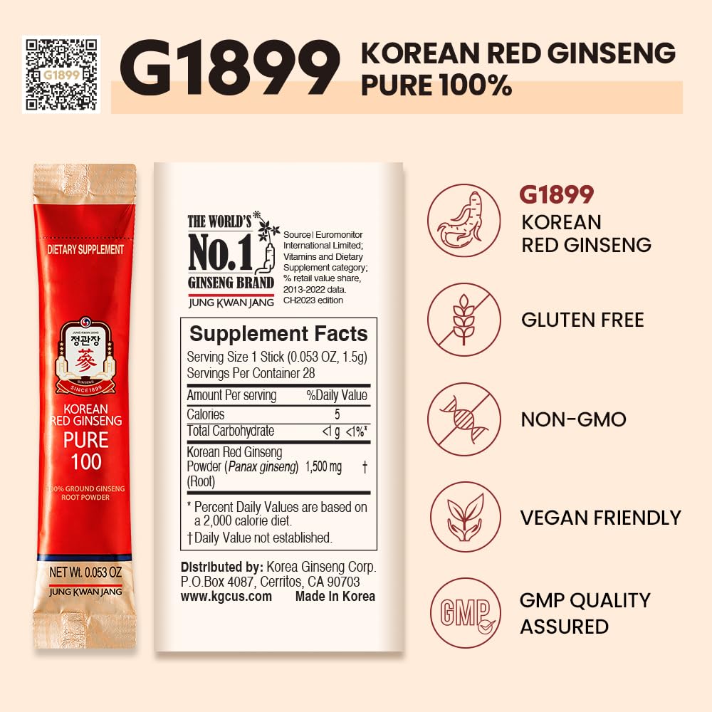 JungKwanJang Korean Red Ginseng Pure 100 - Panax Ginseng Powder Stick Supplements - Energy Boost & Immune Support - Vegan, Caffeine Free, Gluten Free & Non-GMO (Net Wt. 1.48 oz, 30 Sticks)