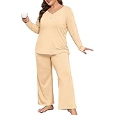 FOREYOND Plus Size Lounge Sets for Women 2 Piece Outfits Long Sleeve V Neck Tops Wide Leg Pants Pajamas Matching Set