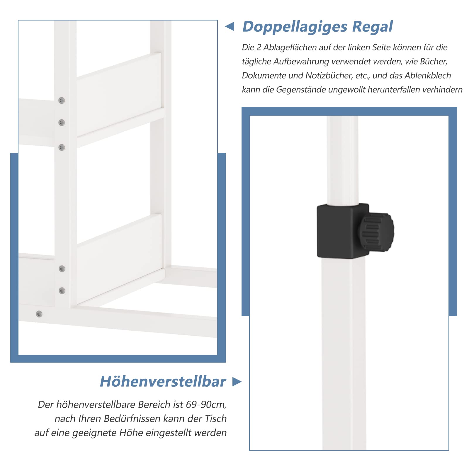 Dripex Schreibtisch Beistelltisch mit Rollen Höhenverstellbar, Weiß 5