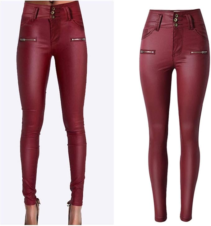 Skinny PU Leather Pants for Women High Waist Slim Faux Leather Trousers Clothes Pants Wine Red 