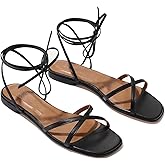 RJYLP Strappy Flats Sandals for Women Summer Gladiator Lace Up Flat Sandals Open Square Toe Casual Beach Slides Sandals