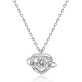 925 Sterling Silver Heart Planet Necklace for Women,Dainty Cubic Zirconia Love Heart Star Choker Necklace for Mother Daughter Cute Birthstone Crystal Pendant Necklace Jewelry Gift for Valentine's Day