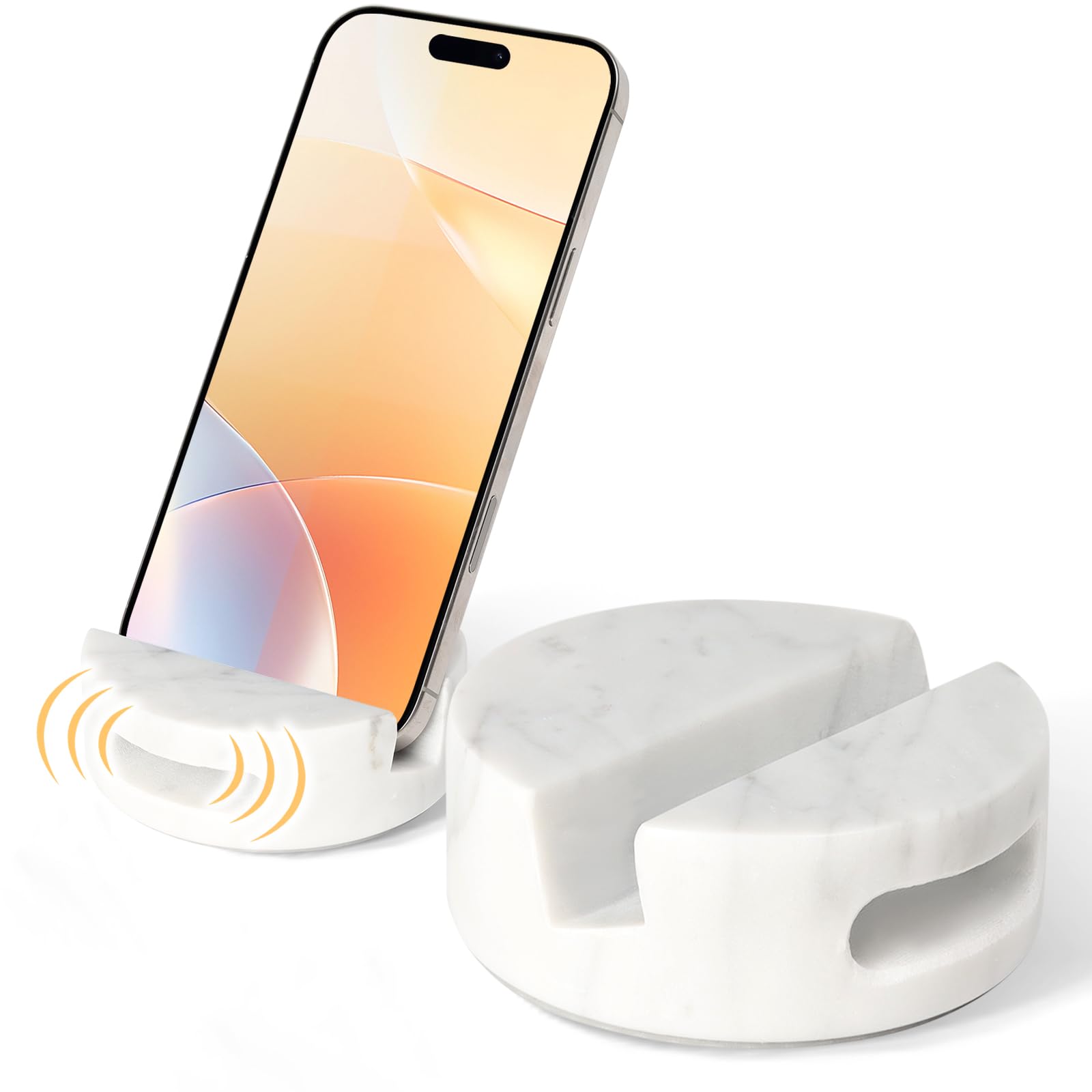 CHISELED ST DF SK Elegant and Versatile White Marble Phone Stand with Sound Amplified Output iPhone Phone Holder Function for Office Desk,Kitchen Counter,Bathroom,and Bedside