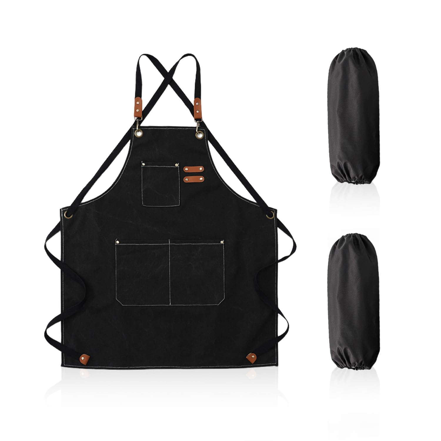 USHXVG 1 Canvas Apron, 1 Pair of Sleeves, Waterproof and Stain-Proof Apron, Multi-pocket Adjustable Apron, Kitchen Cooking Apron, Halter Neck Apron, Suitable for Kitchen, Restaurant, Gardening