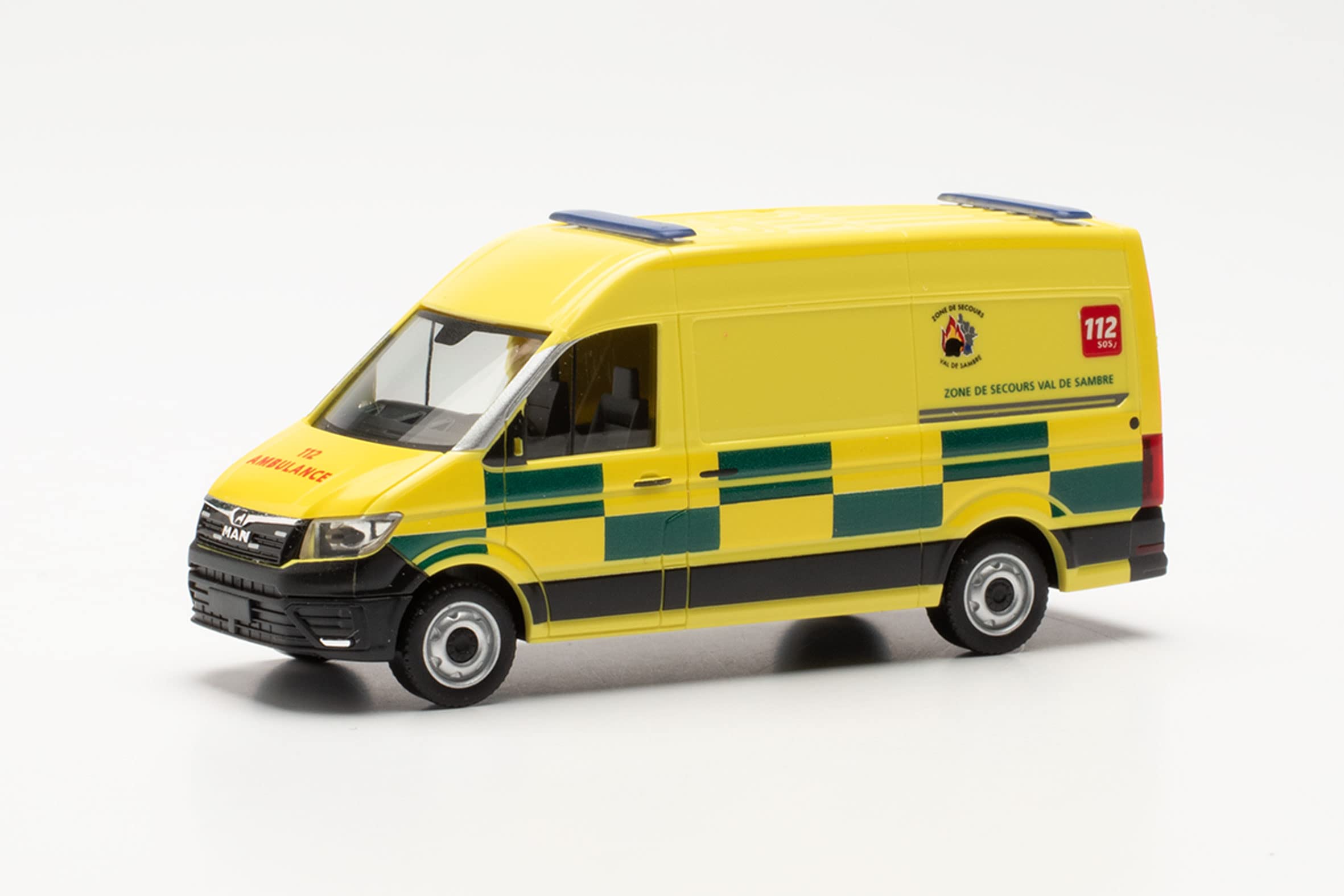 Herpa Man TGE Model Car Belgium Ambulance Transport Vehicle 1:87 Scale Car Model for Diorama, Model Making Collectible Piece, Decorative Car Models Made of Plastic, Colour: Multi-Coloured