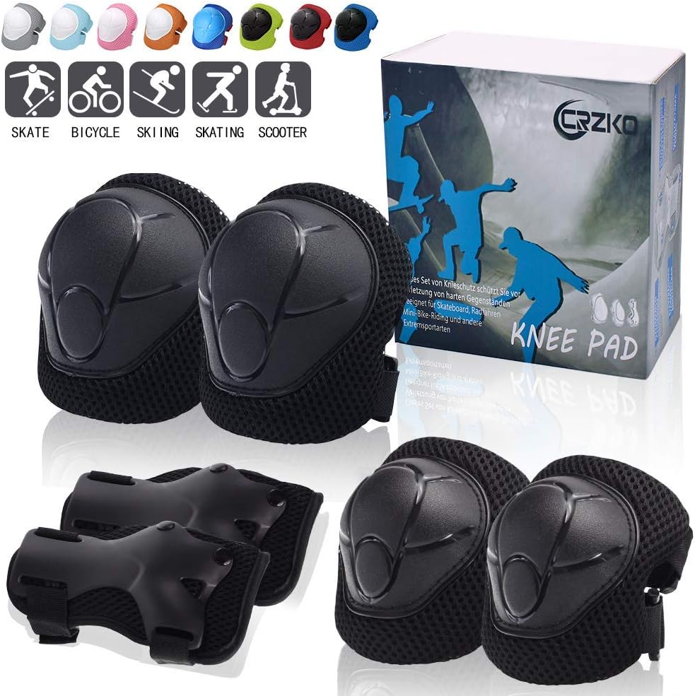 CRZKO Kids Protective Gear, Knee Pads and Elbow Pads 6 in 1 Set with Wrist Guard and Adjustable Strap for Rollerblading Skateboard Cycling Skating Bike Scooter