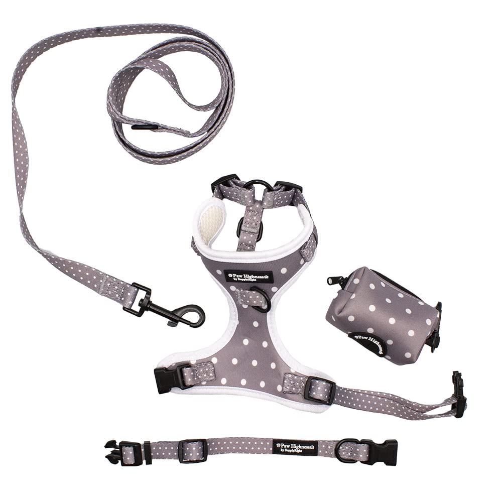 Paw Highness Dog Walking Harness, Collar, Leash & Poo Bag Holder Set in Grey Polka Dot Large