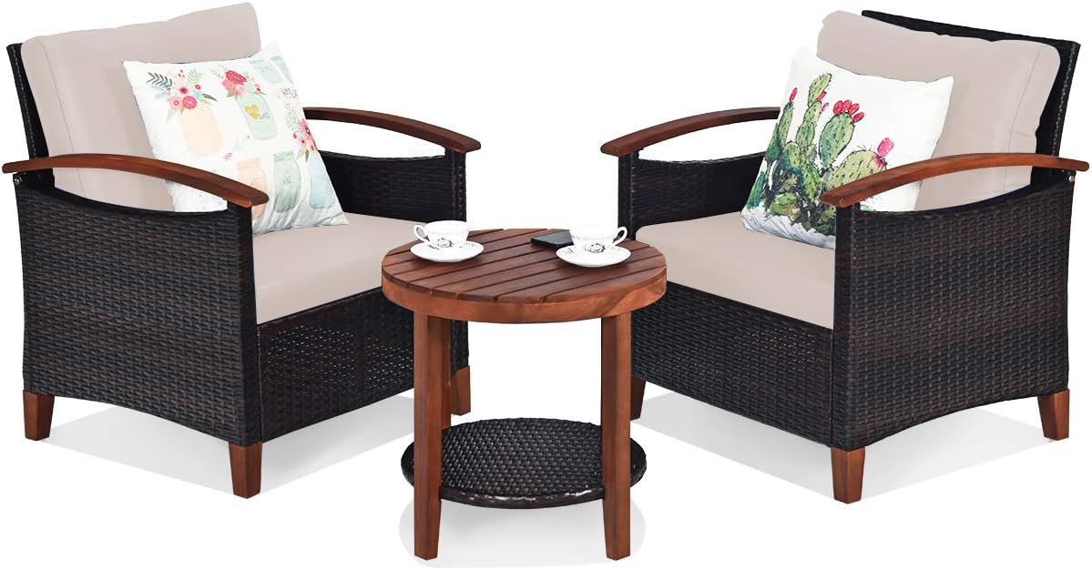 Tangkula 3 Pieces Patio Furniture Set, Outdoor Rattan Sofa and Side Table w/Solid Acacia Wood Frame, High Load Bearing Conversation Bistro Set w/Washable and Removable Cushions (Beige)