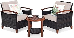 Tangkula 3 Pieces Patio Furniture Set, Outdoor Rattan Sofa and Side Table w/Solid Acacia Wood Frame, High Load Bearing Conversation Bistro Set w/Washable and Removable Cushions (Beige)
