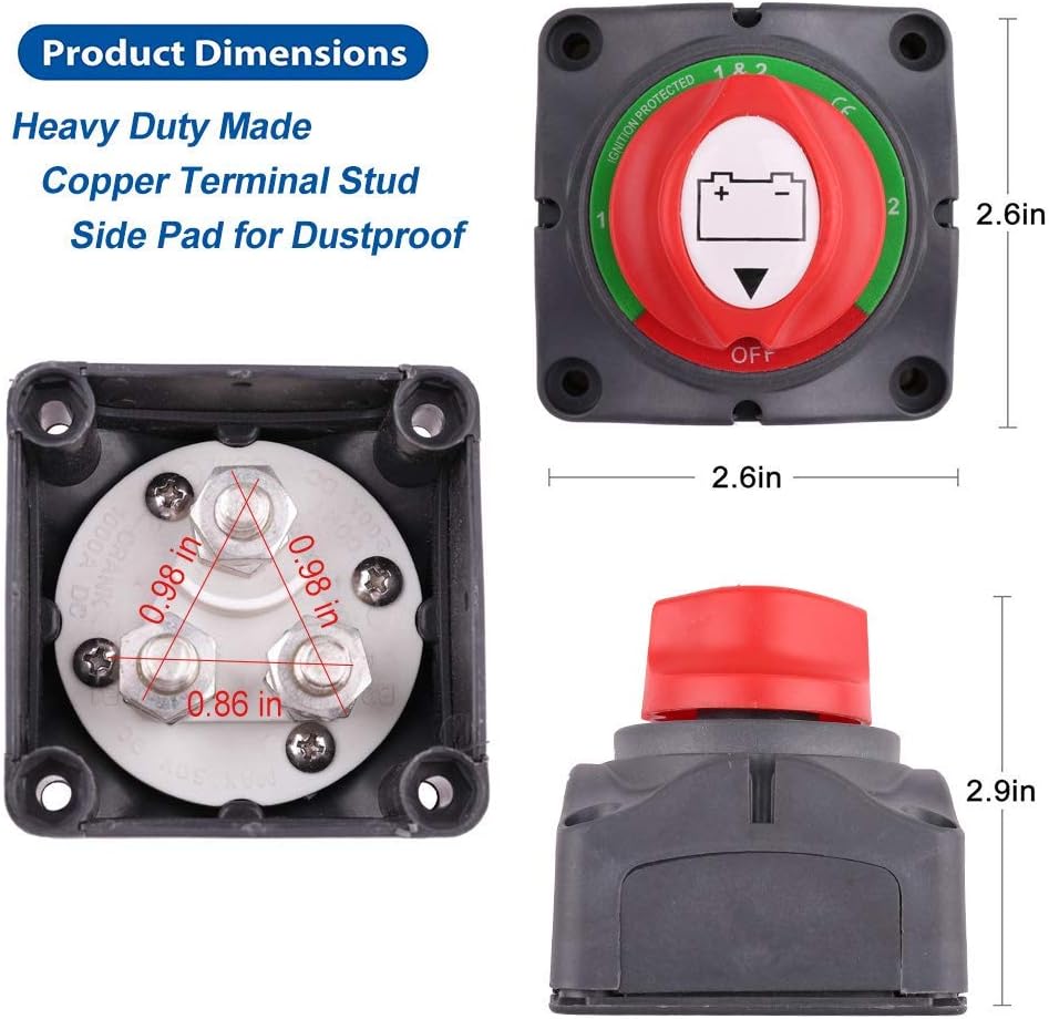 1-2-Both-Off Battery Switch, 12V 24V 48V Battery Disconnect Master Cutoff Switch for Marine Boat Car RV ATV UTV Vehicle, Waterproof Heavy Duty Battery Isolator Switch, 200/1250Amps: Automotive