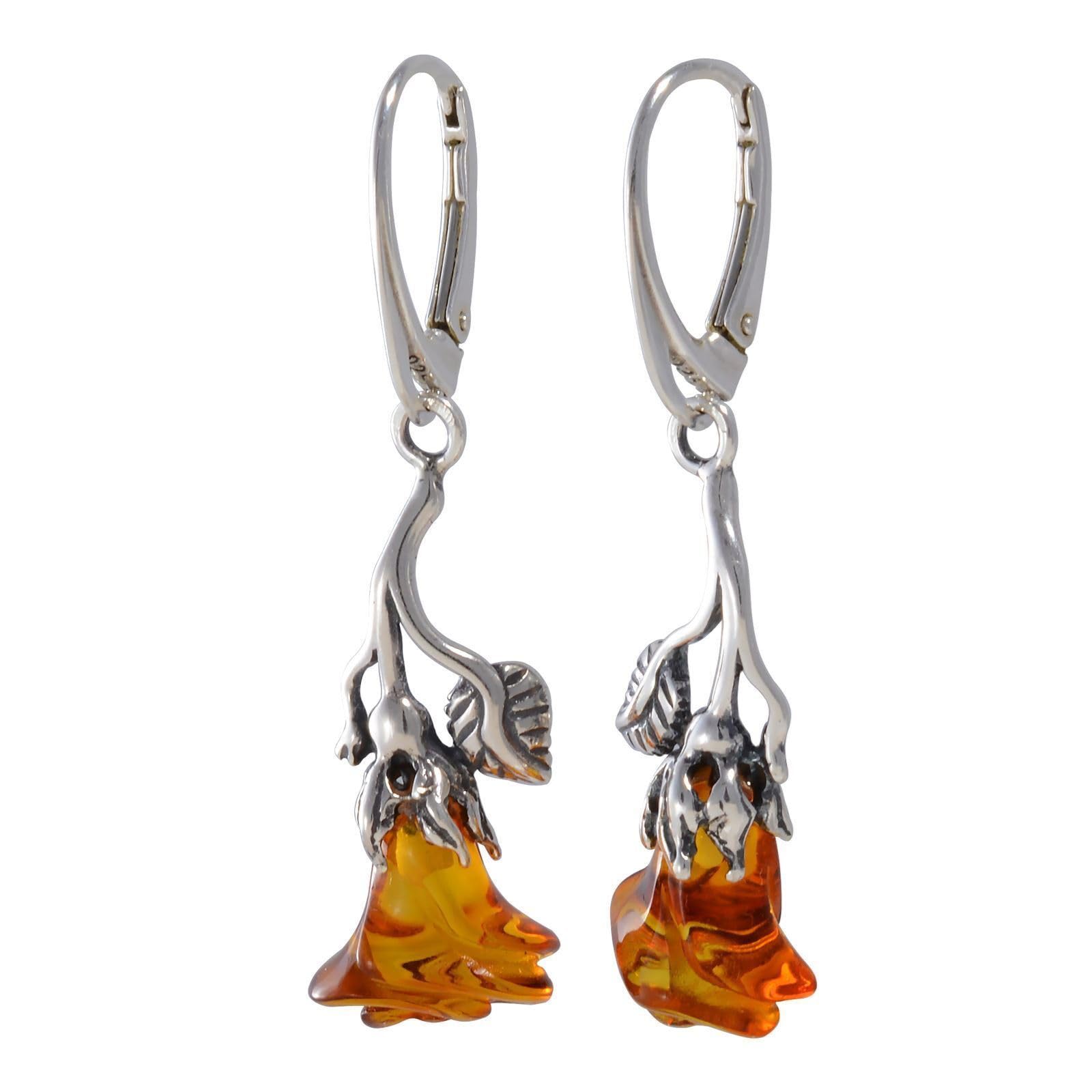 GIA Certified Sterling Silver and Baltic Honey Amber Dangling Earrings Roses