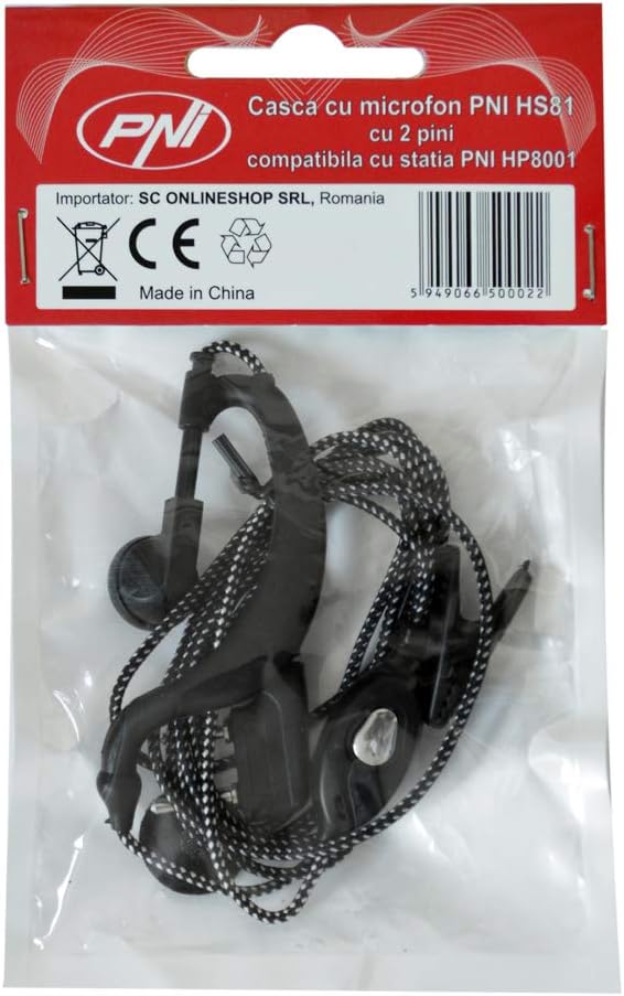 PNI Headset with microphone 2-pin HS81 compatible with CB Radio HP8001 and CB Radio Kenwood, Black