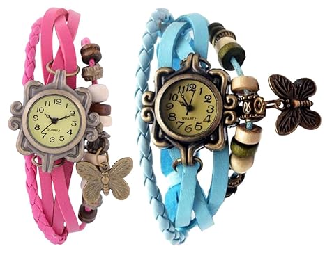 Brosis Deal Unique Designer Vintage Leather Pink and Sky Blue Butterfly Bracelet Watch for Girls and Women