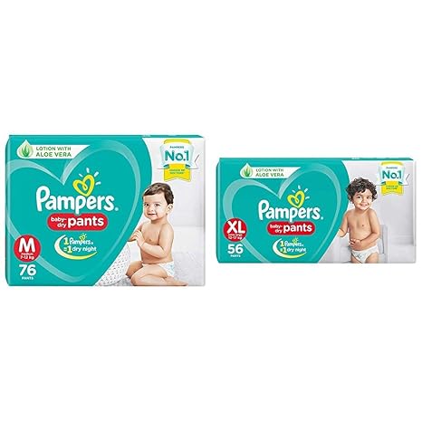 Pampers New Diapers Pants, Medium (76 Count) & Pampers New Diapers Pants, XL (56 Count)
