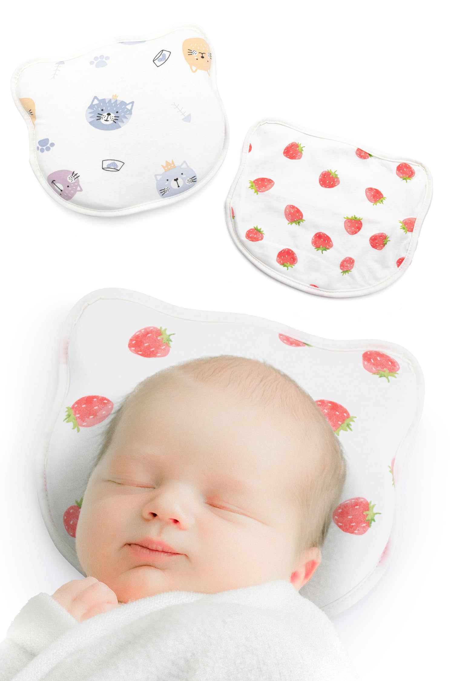 KahiLi ベビー枕 天然コットン100% 天然素材 絶壁防止 向き癖防止 頭の形が良くなる 汗とり 快眠 低反発 洗い替えカバー付き (いちご/ねこ柄)商品画像