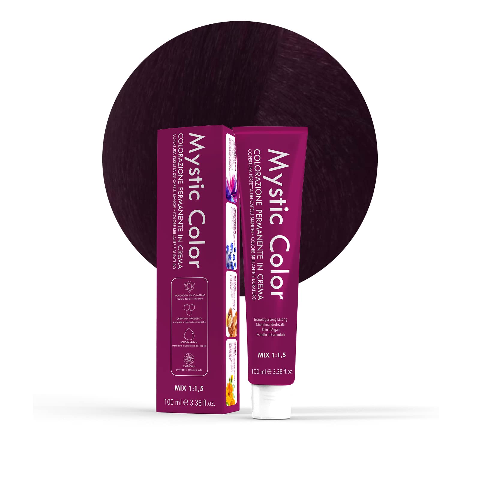 Mystic Color - Permanent Cream Colouring with Argan Oil and Calendula - Long Lasting Hair Dye - Irisée Chestnut Brown Hair Dye Permanent 4.2-100ml
