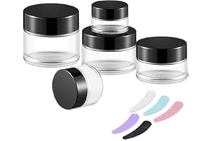 Elumeiro 5 Pcs Small Travel Containers Glass Jars with Black Lids, 5/10/15/20/30 Gram Clear Travel Size Toiletries Tiny Cosmetic Jar with 5 Pieces Mini Spatulas for Makeup, Cosmetic, Lip balms, Cream