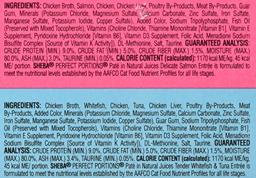 SHEBA PREMIUM CAT FOOD PERFECT PORTIONS MULTIPACK – DELICATE SALMON ENTREE AND TENDER WHITEFISH & TUNA ENTREE- 24 CT