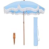 GREEN PARTY 7ft Patio Umbrella with Fringe, Portable Outdoor Beach Umbrella with Sand Anchor, Carry Bag, Push Button Tilt, UPF 50+ UV Protection, Light Blue