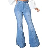 SeNight Women Bell Bottom Jeans Elastic Waist Ripped Flared Jean Destroyed Raw Hem Denim Pants