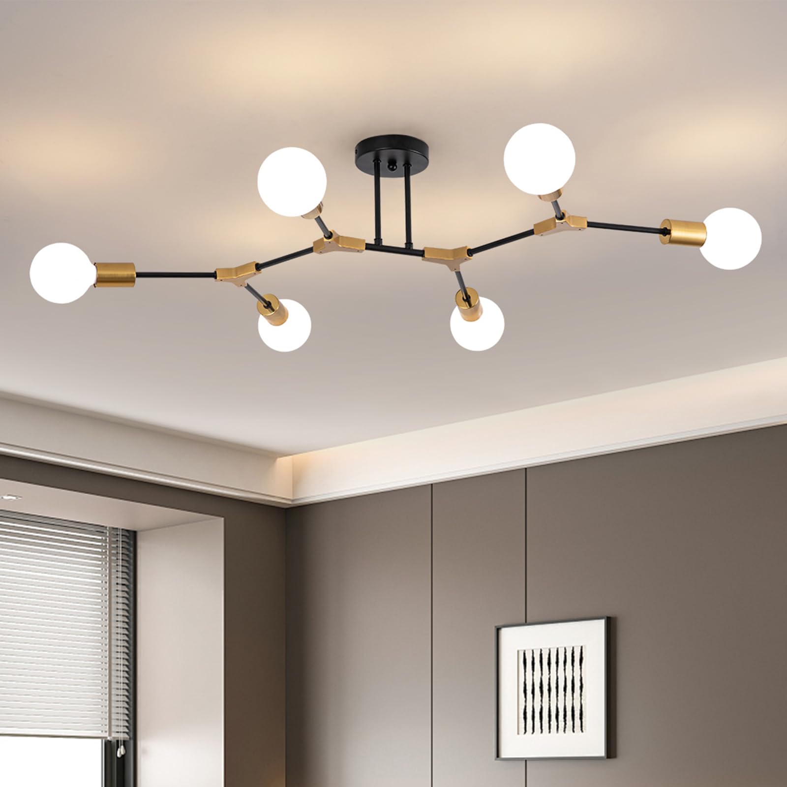 Photo 1 of JERANDO Black and Gold Semi Flush Mount Ceiling Lighting Fixture, 6 Lights Sputnik Chandelier for Living Room, Modern LED Ceiling Light Fixture for Dining Room, Bedroom, Kitchen