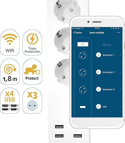 Garza Smarthome Regleta enchufe mltiple wifi inteligente con 4 tomas y 3 puertos USB compatible con Alexa y Google Home Base mltiple programable temporizador control remoto a travs de app
