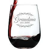 Bevvee Grandma Est 2025 - New Grandmother Stemless Wine Glass Gift for First Time Grandparents - Decorative 17 Oz Large Glasses