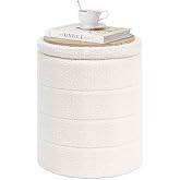 PINPLUS Compact Round Folding Storage Ottoman, Cream White Boucle Footstool | Round Ottoman with Soft Boucl&eacute; Cover, Hidden Storage and Foldable Design for Living Room, Bedroom or Dorm