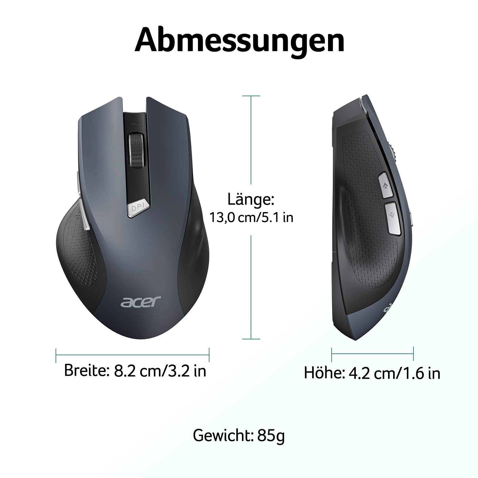 acer Maus Kabellos, 2.4GHz 1600 DPI Funkmaus, 3 Einstellbare DPI Wireless Mouse mit 6 Tasten, Batteriebetriebene Kabellose Maus für Laptop, PC und MacBook, Empfohlen für Rechtshänder 9