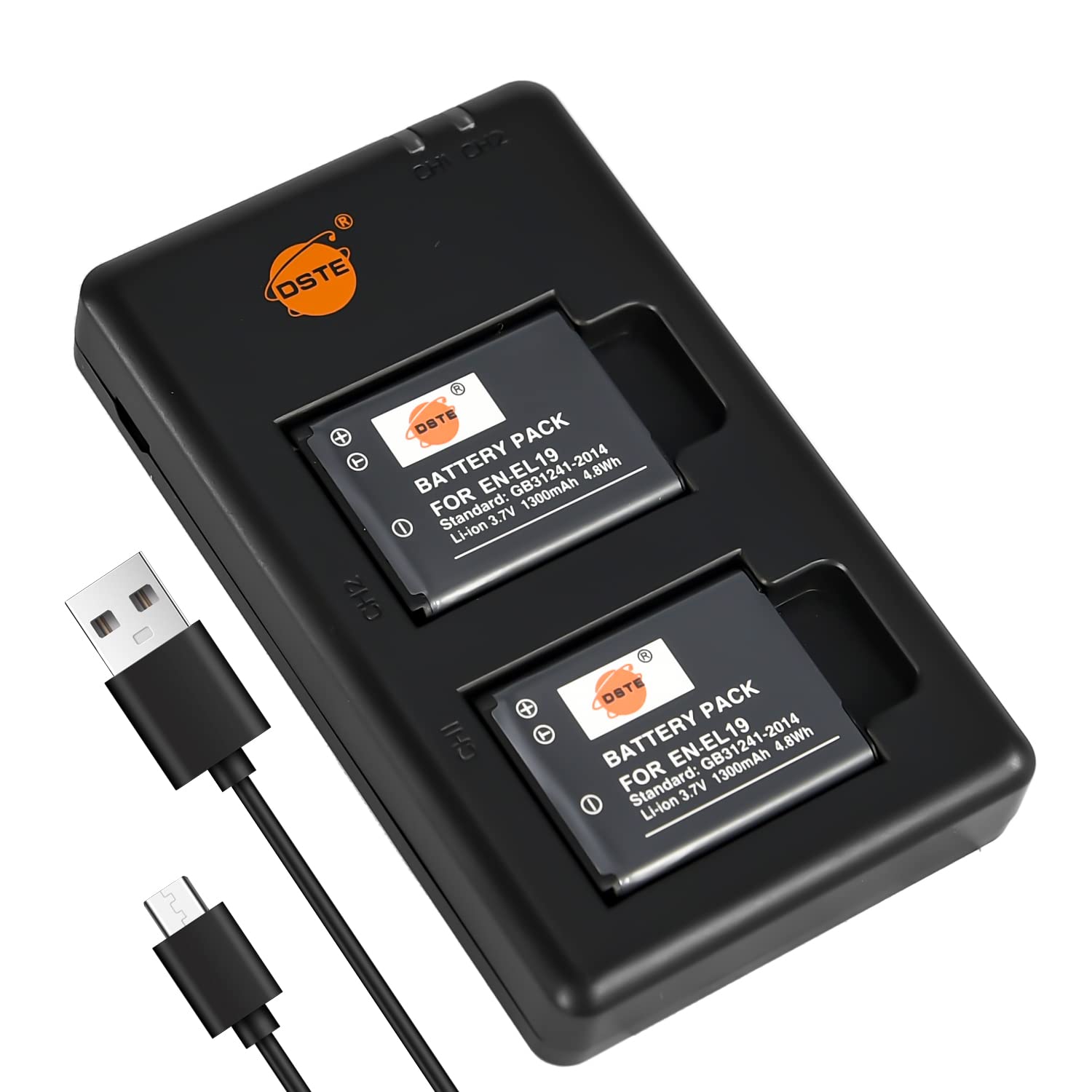 DSTE 2PCS EN-EL19 ENEL19 (1300mAh/3.7V) Battery Charger Set Compatible for Nikon Coolpix S2500 S2600 S2700 S3100 S3200 S3400 S3500 S4100 S4150 S4200 S4300 S5200 S6400 S6500 S6600