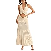 winkbay Women's 2 Piece Outfits Tie Backless Halter Crop Top and Ruffle Maxi Skirt Set Vacation Outfits