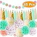 PAXCOO 35 Pcs Mint Gold Tissue Paper Pom Poms Tassel Garland for Baby Shower Party Decorations