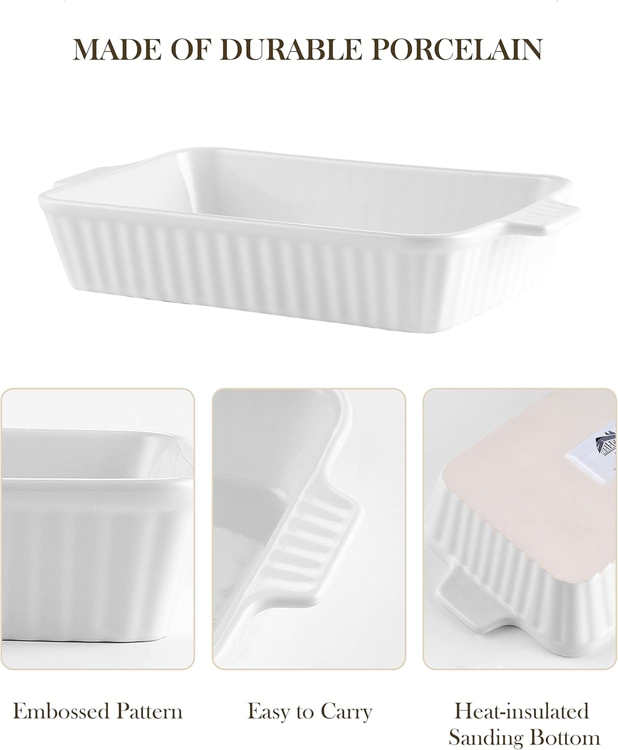 MALACASA Casserole Dishes for Oven, Porcelain Baking Dishes, Ceramic Bakeware Sets of 4, Rectangular Lasagna Pans Deep with Handles for Baking Cake Kitchen, White (9.4