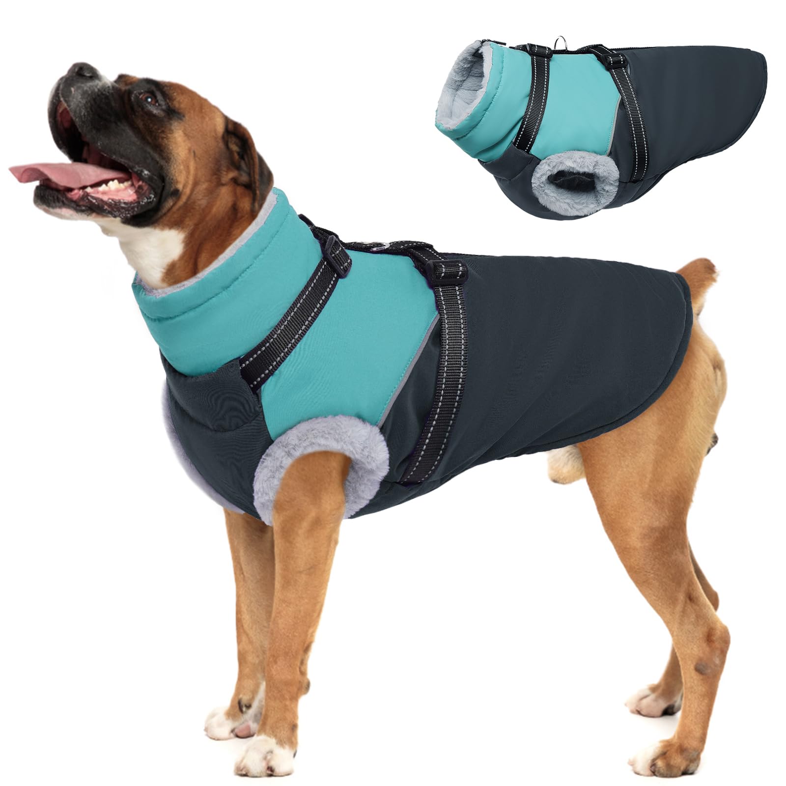 OUOBOB Large Dog Jacket, Dog Puffer Coat with Harness, Warm & Waterproof, Fleece Lined, Snow Jacket for Winter