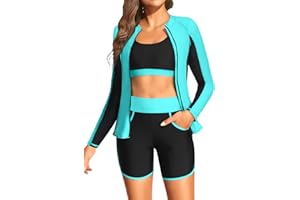 YONIQUE Women 3 Piece Rash Guard - Long Sleeve Swimsuit Built in Bra Swim Shirt Zip Bathing Suit with Pocket Shorts