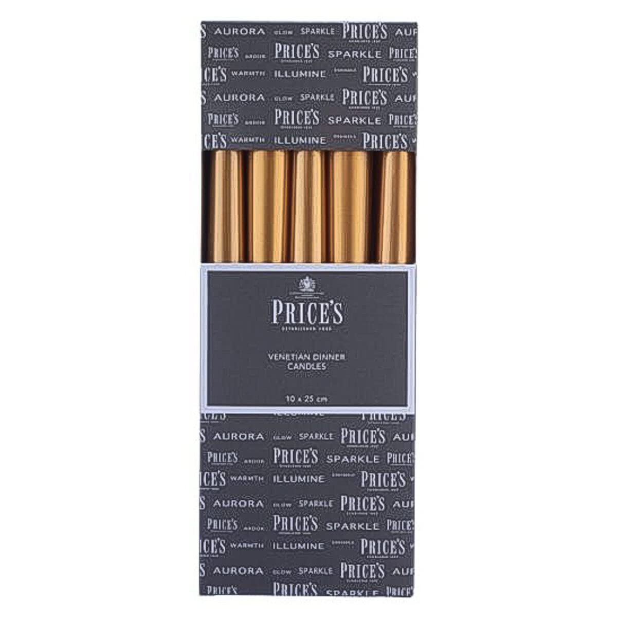 Price's Candles - 10" Venetian Wrapped Dinner Candles - Gold - 10 Pack - 7 Hour Burn Time - Unscented - Non-Drip - Multi-Purpose