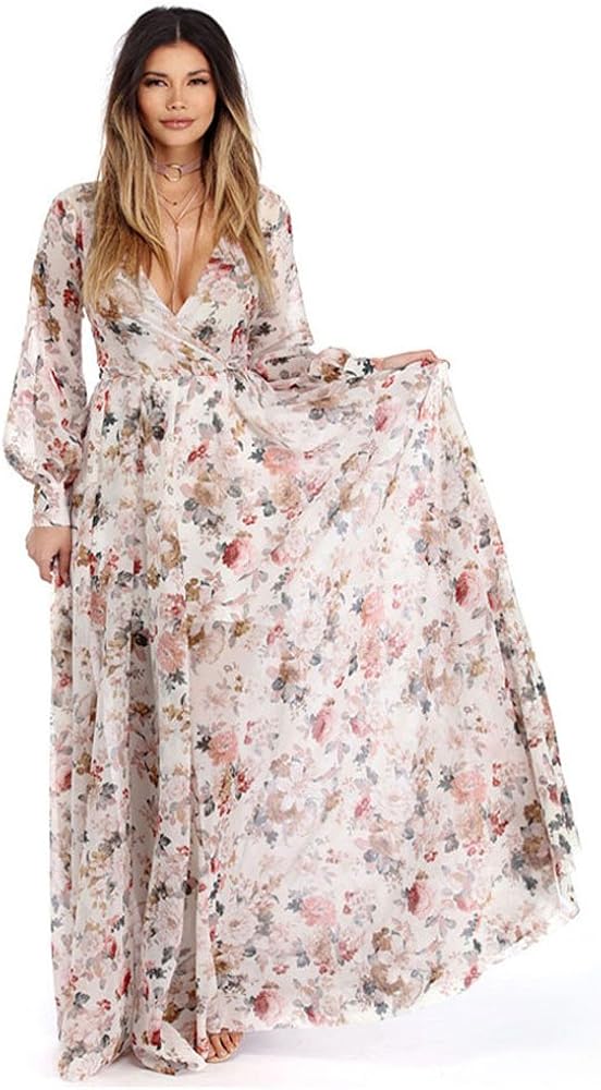V Neck Long Sleeve Chiffon Floral Long 