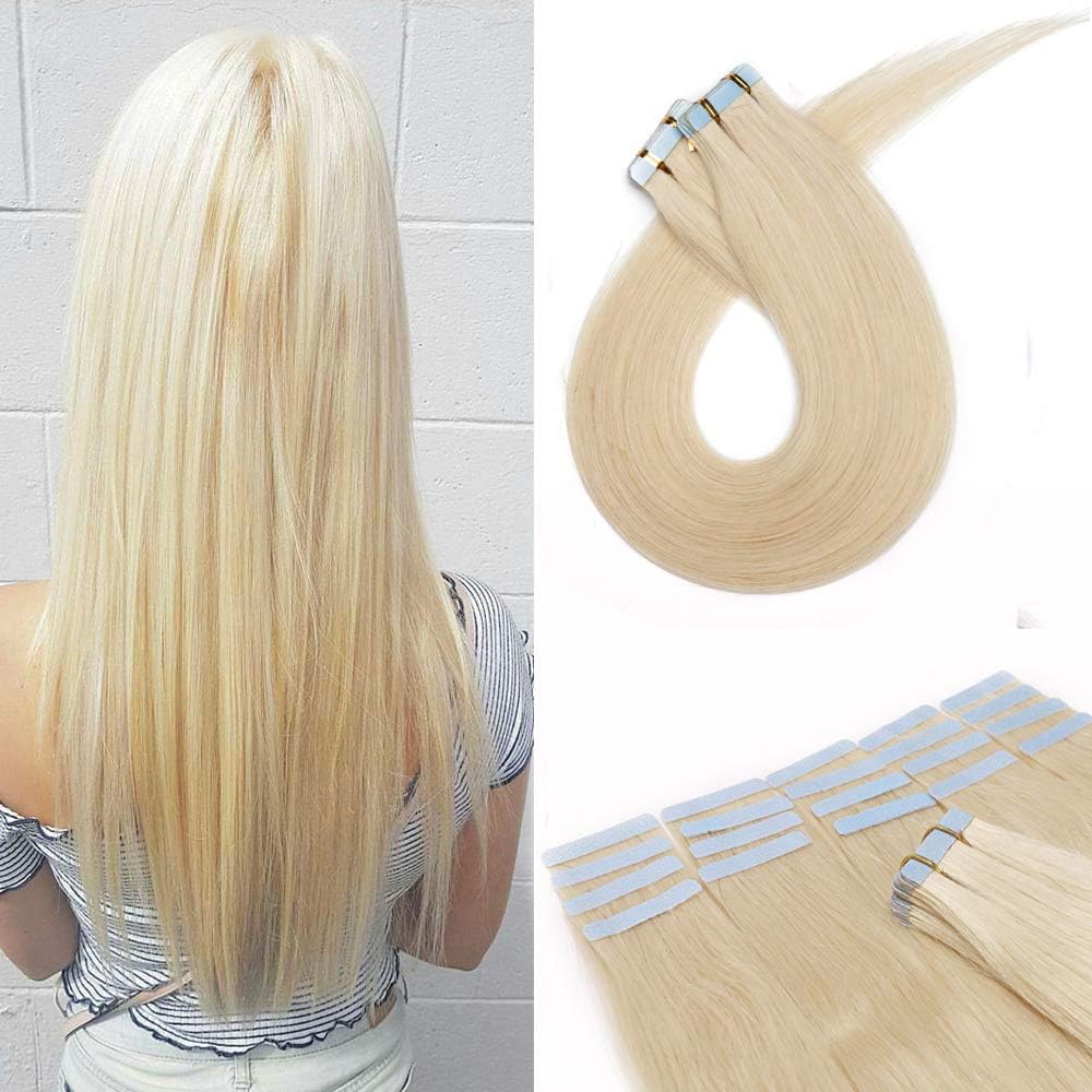 18" Remy Human Hair Tape in Hair Extensions 20pcs 50g #60 Platinum Blonde Straight Hair Seamless Skin Weft Invisible Double Sided Tape Burgundy