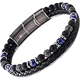 NVR GVN Men’s Leather Bracelet Stack with Textured Stainless Steel Beads, Hematite, Black Onyx, and Genuine Braided Leather | Durable Wristband for Men’s Bohemian Street Style in Black or Brown