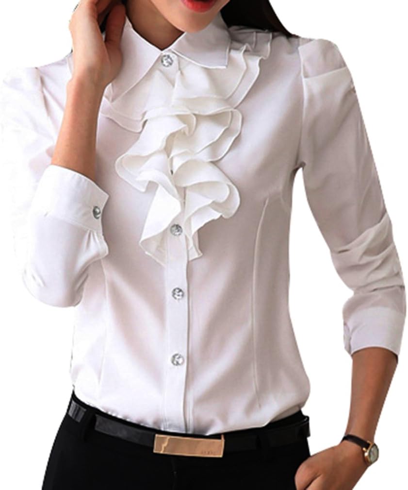 Yasong Women Ladies Long Sleeve Formal Top Work Blouse Frill Ruffle Blouse