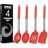 Pack of 4 Large Silicone Cooking Spatulas and Spoons, Slotted and Solid Stainless Steel Cooking Utensils Set, Non-stick Heat Resistant Kitchen for Baking, Fried, Stir-Fry, Mixing, Serving (Red)
