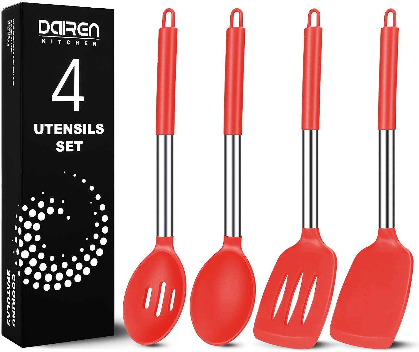 Silicone Cooking Spatulas and Spoons, 4 Pack Heat Resistant Silicone Cooking Utensils Set, Non Stick Large Kitchen Silicone Spatula and Spoons for Cooking, Mixing, Serving, Draining, Red