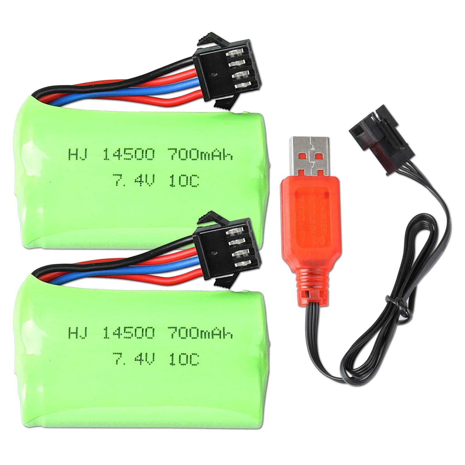 2PCS 7.4V 700mAh 10C RC Battery Pack with SM-4P plug and USB Charging Cable for RC Car Model Buggy RC Boat Truck RC Flatbed Semi-Trailer and Gel Blaster Battery