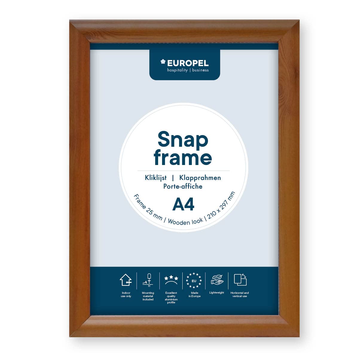 EUROPEL lightweight Snap frame A4, Profile 25x11 mm, Color wooden look, Anodized aluminum, anti-reflective protector, External dimensions 241x328 mm, Grey polystyrene back