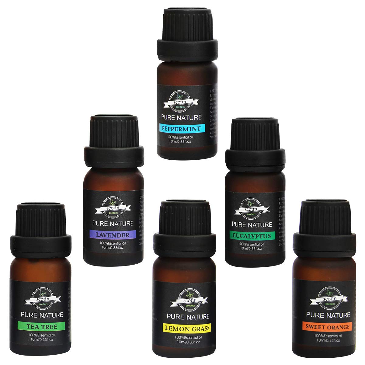 Pure Body Natural Essential Oils Set, Therapeutic Grade Essential Oil (6 Count)