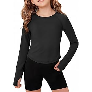 Haloumoning Girls Athletic Long Sleeve Shirts Quick Dry Workout Crop Tops | Kids Active Shirts with Thumb Holes, Crew Neck, R