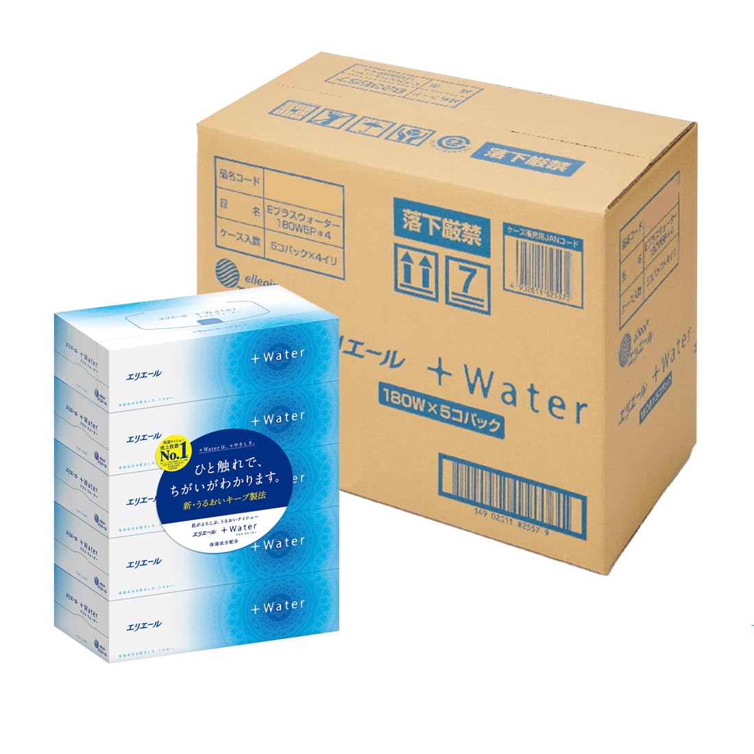 エリエール 箱ティシュー プラスウォーター(+Water) 180組×20箱(5箱×4セット) 【EC限定 正規段ケース】 【ハーフケース】商品画像